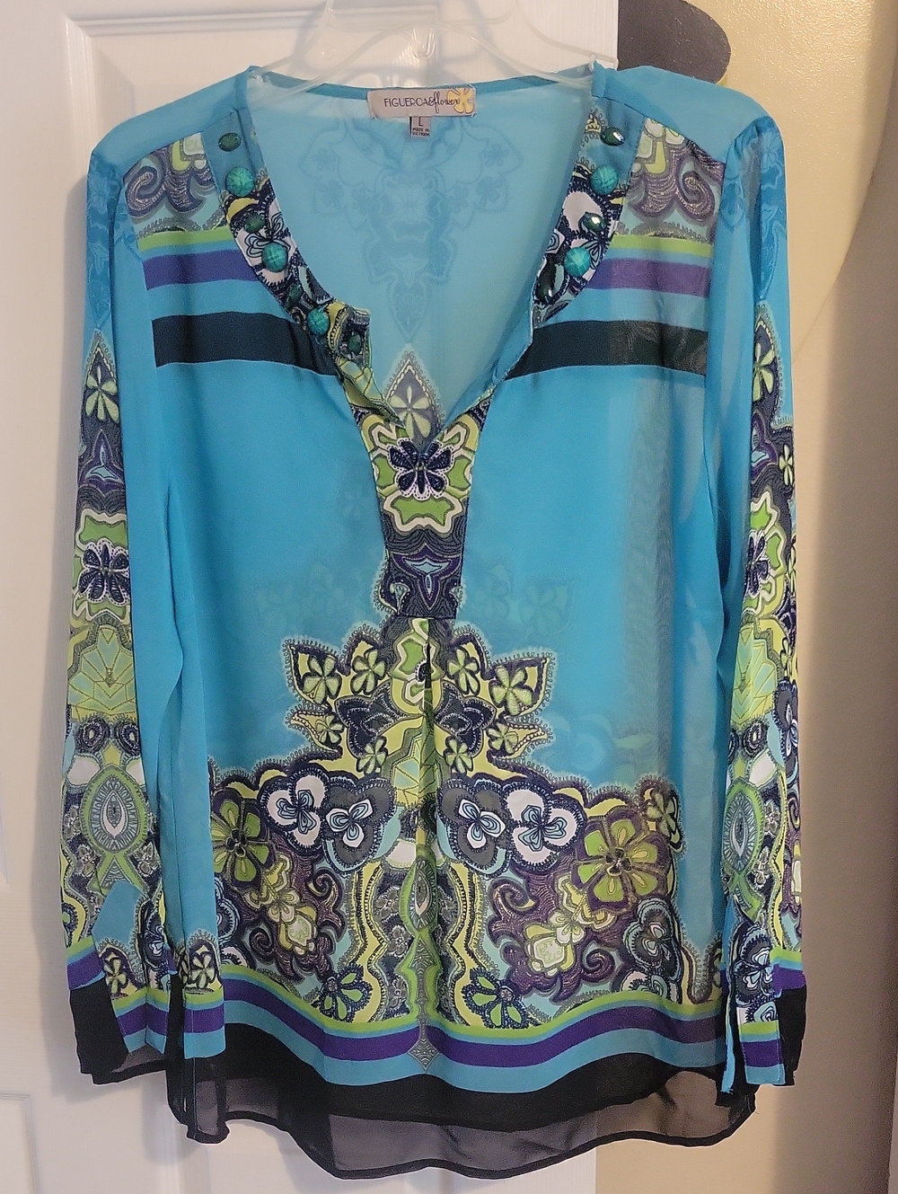 Figueroa & flower SzLg Sheer Turquoise Printed V-Neck Beaded Tunic Top